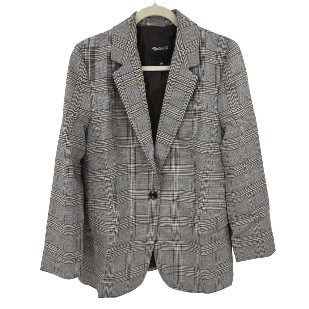 Madewell Dorset Blazer Brown Gray Blue Plaid Italian Fabric Size 6 Single Button